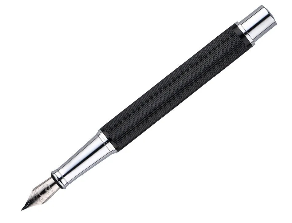 Stylo-plume etui simili cuir belius turbo alum. texture pointillee attributs argent encre bleue col. noir coffret cadeau