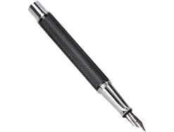 Stylo-plume etui simili cuir belius turbo alum. texture pointillee attributs argent encre bleue col. noir coffret cadeau