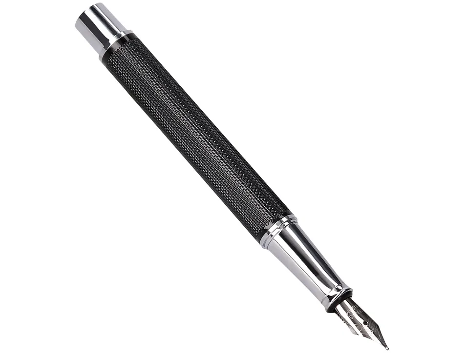 Stylo-plume etui simili cuir belius turbo alum. texture pointillee attributs argent encre bleue col. noir coffret cadeau