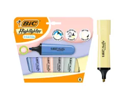 Surligneur bic highlighter plat pointe biseautee coloris pastel assortis pochette 6 unites