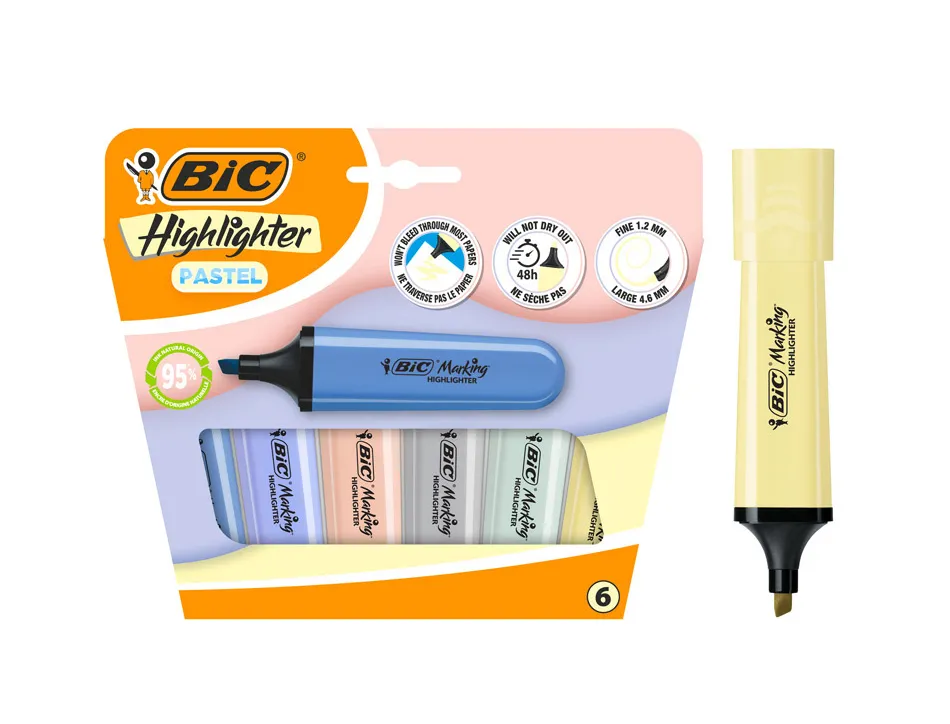 Surligneur bic highlighter plat pointe biseautee coloris pastel assortis pochette 6 unites