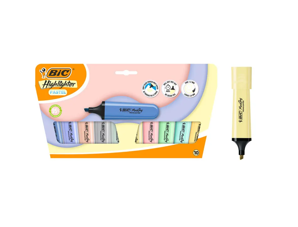 Surligneur bic highlighter plat pointe biseautee coloris pastel assortis pochette 10 unites