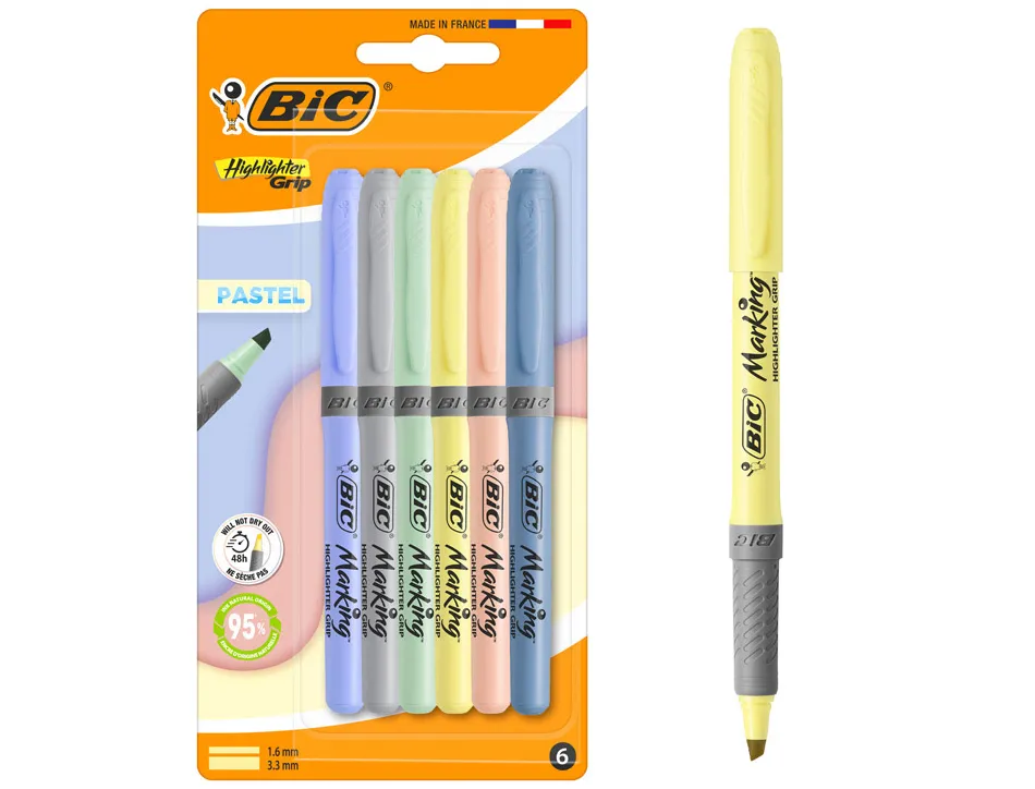 Surligneur bic highlighter grip pointe biseautee coloris pastel assortis pochette 6 unites