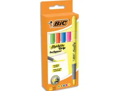 Surligneur bic highlighter grip caoutchouc pointe moyenne biseautee pochette 5 unites jaune bleu vert orange