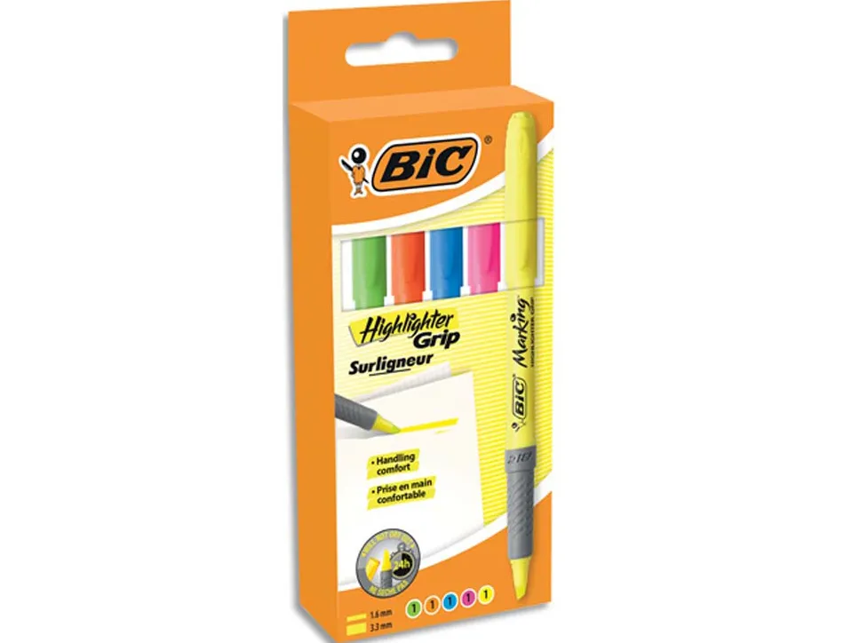 Surligneur bic highlighter grip caoutchouc pointe moyenne biseautee pochette 5 unites jaune bleu vert orange