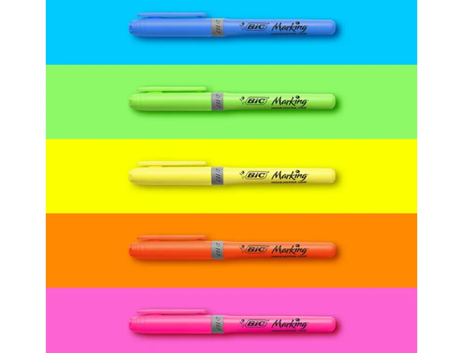 Surligneur bic highlighter grip caoutchouc pointe moyenne biseautee pochette 5 unites jaune bleu vert orange