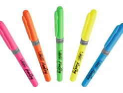 Surligneur bic highlighter grip caoutchouc pointe moyenne biseautee pochette 5 unites jaune bleu vert orange