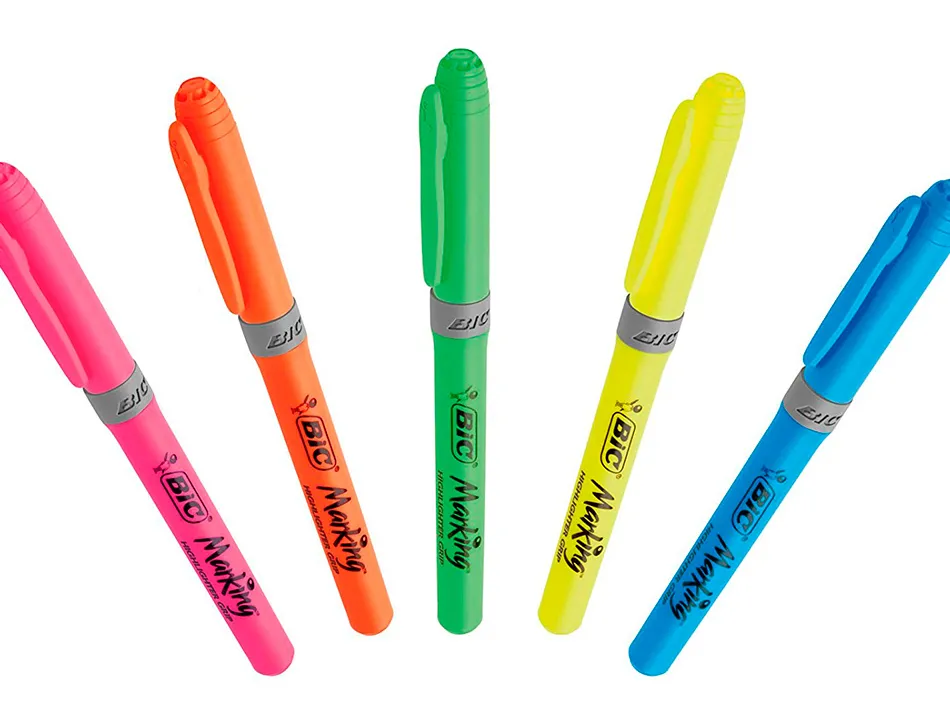 Surligneur bic highlighter grip caoutchouc pointe moyenne biseautee pochette 5 unites jaune bleu vert orange