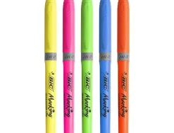Surligneur bic highlighter grip caoutchouc pointe moyenne biseautee pochette 5 unites jaune bleu vert orange