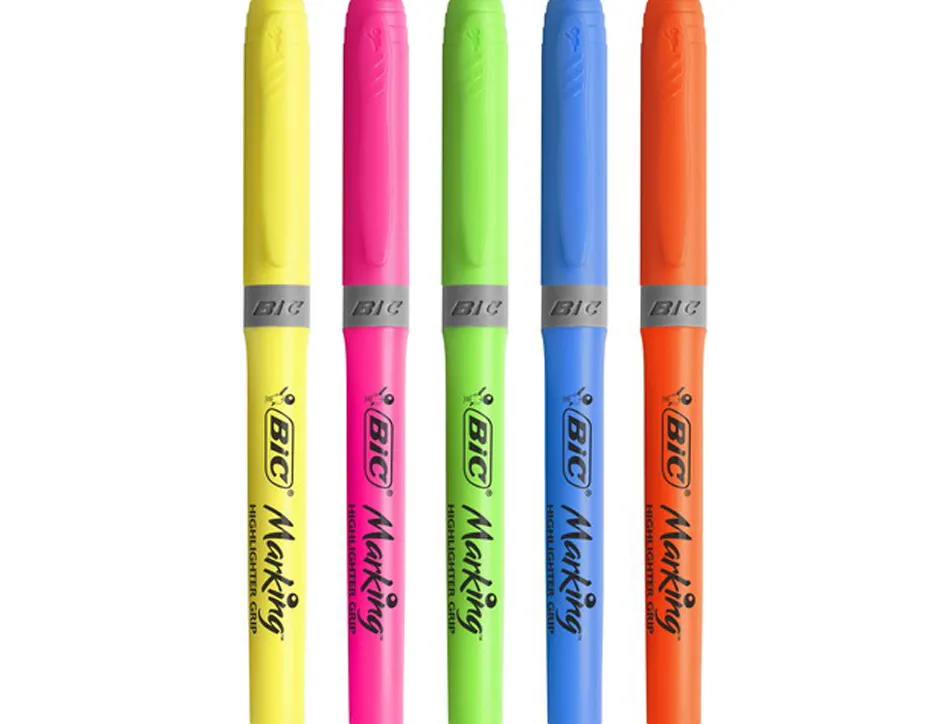 Surligneur bic highlighter grip caoutchouc pointe moyenne biseautee pochette 5 unites jaune bleu vert orange