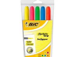Surligneur bic highlighter grip caoutchouc pointe moyenne biseautee pochette 5 unites jaune bleu vert orange
