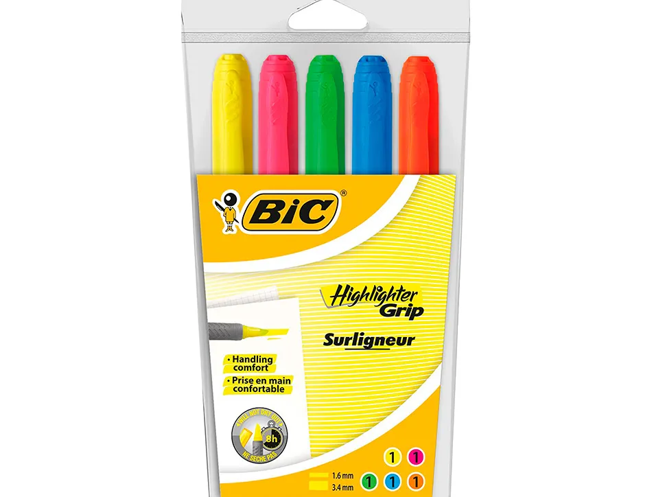 Surligneur bic highlighter grip caoutchouc pointe moyenne biseautee pochette 5 unites jaune bleu vert orange