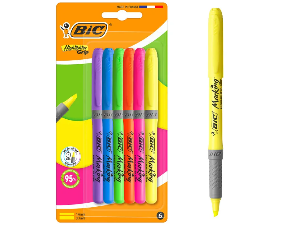 Surligneur bic highlighter grip pointe biseautee coloris fluo assortis pochette 6 unites