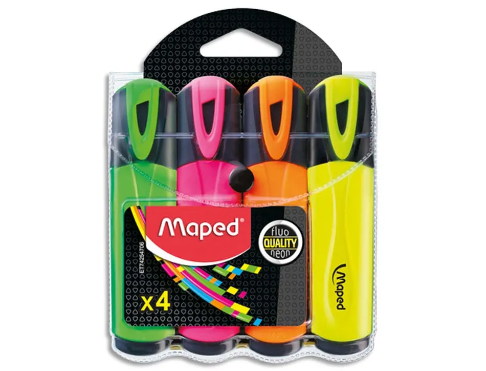 Surligneur maped fluo'peps fluorescent classique pochette 4 unités vert jaune rose orange