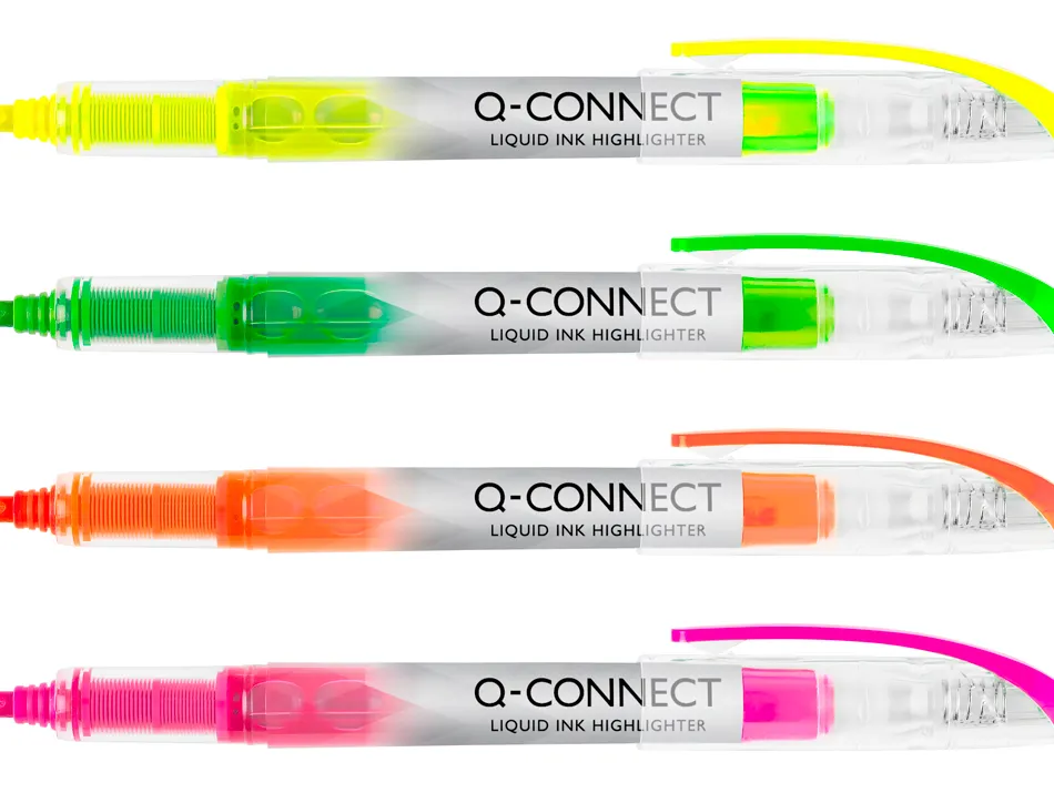Surligneur q-connect slim liquid ink non rechargeable pointe biseautée couleurs assorties pochette 4u