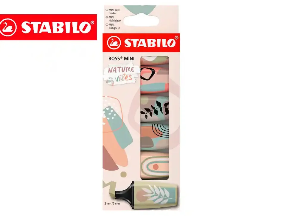 Surligneur stabilo boss mini naturevibes encre base eau pointe biseautee trace 2/5mm coloris assortis etui 6