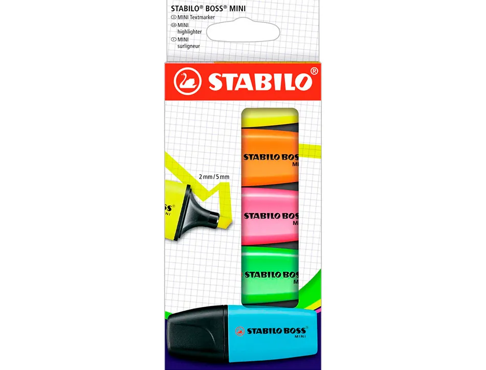 Surligneur stabilo boss mini encre base eau pointe biseautee largeur trace 2/5mm pochette de 5 unites