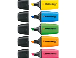Surligneur stabilo boss mini encre base eau pointe biseautee largeur trace 2/5mm pochette de 5 unites