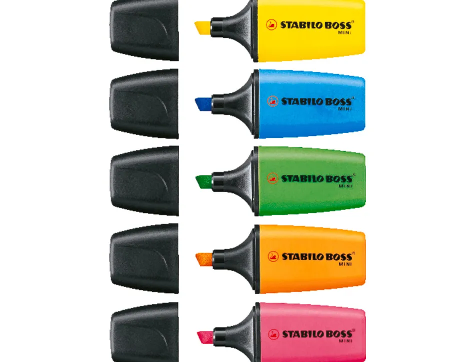 Surligneur stabilo boss mini encre base eau pointe biseautee largeur trace 2/5mm pochette de 5 unites