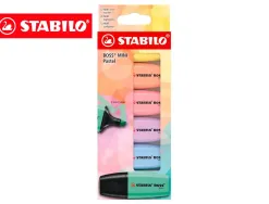 Surligneur stabilo boss mini pastel encre base eau pointe biseautee largeur trace 2/5mm coloris assortis etui 6