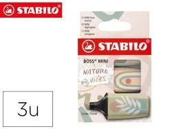 Surligneur stabilo boss mini naturevibes encre base eau pointe biseautee trace 2/5mm coloris assortis etui 3