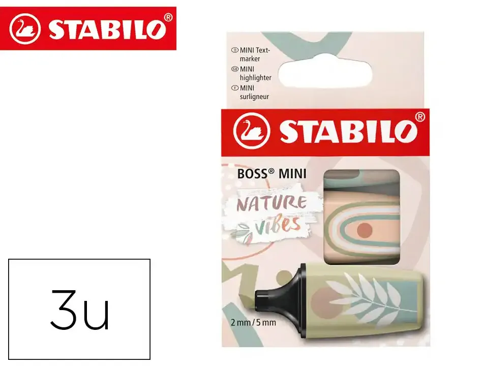 Surligneur stabilo boss mini naturevibes encre base eau pointe biseautee trace 2/5mm coloris assortis etui 3