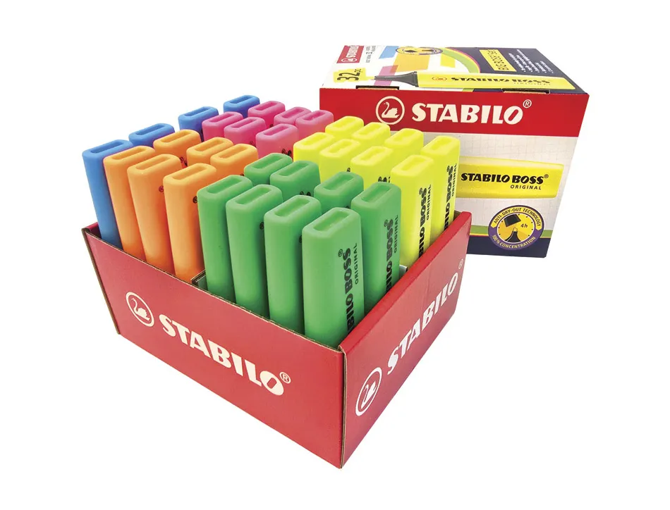 Surligneur stabilo boss original encre base eau pointe biseautee trace 2/5mm coloris assortis probox 32