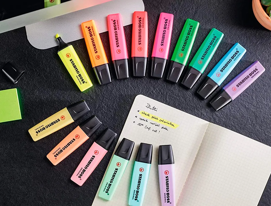 Surligneur stabilo boss original pastel encre base eau pointe biseautee largeur trace 2/5mm coloris poudre de