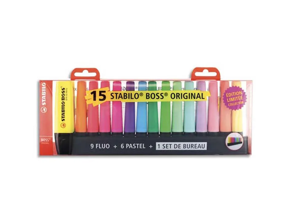 Surligneur stabilo boss original edition collector rechargeable pointe biseautee trace 2/5mm deskset 15 unites