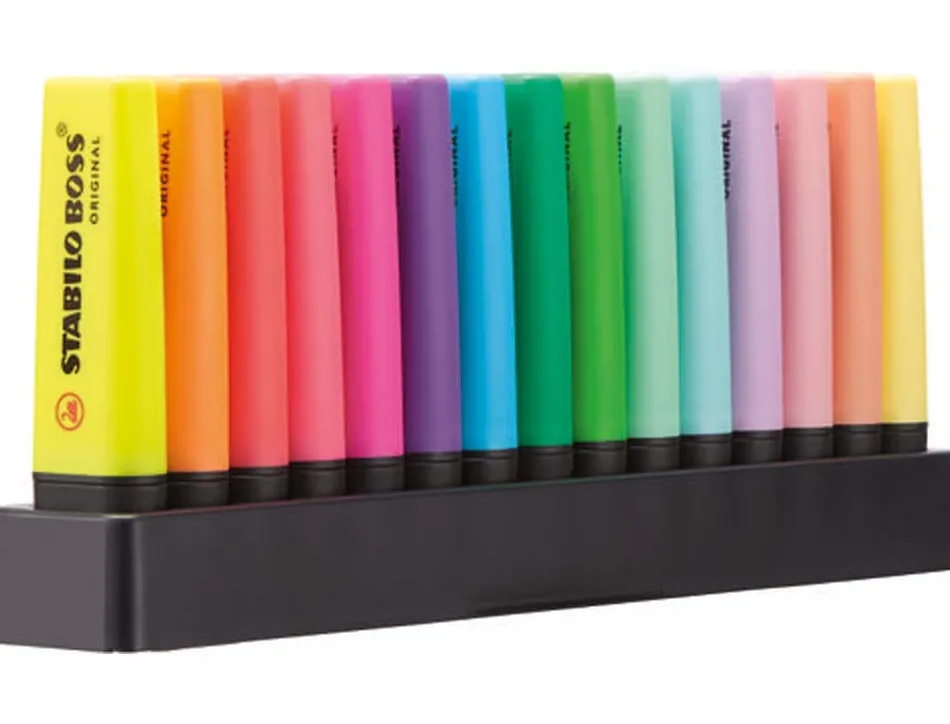Surligneur stabilo boss original edition collector rechargeable pointe biseautee trace 2/5mm deskset 15 unites