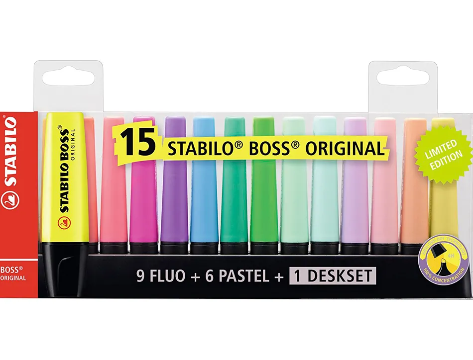 Surligneur stabilo boss original edition collector rechargeable pointe biseautee trace 2/5mm deskset 15 unites