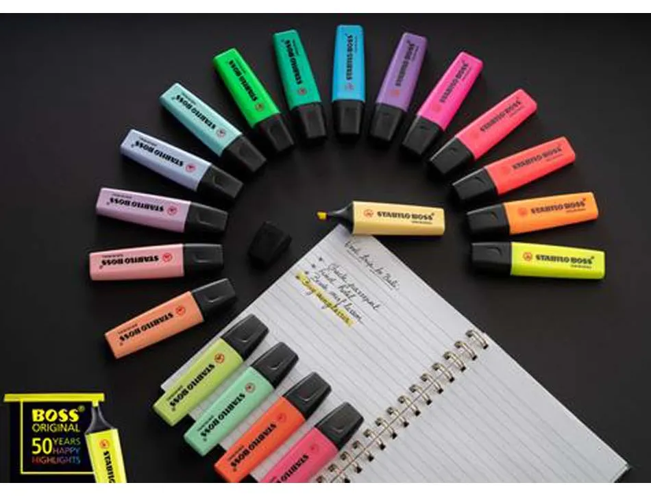 Surligneur stabilo boss original edition collector rechargeable pointe biseautee trace 2/5mm deskset 15 unites