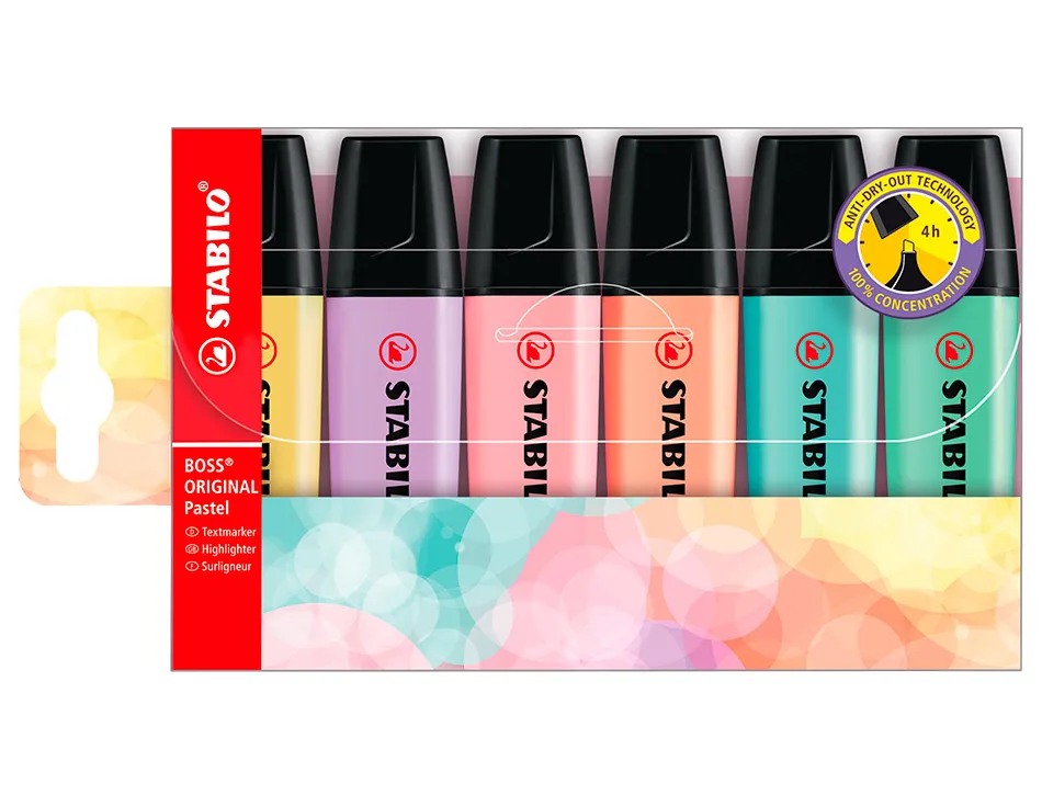 Surligneur stabilo boss pastel tracé 2/5mm pointe biseautée encre universelle base eau résistante lumière pochette 6u