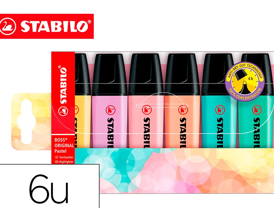 Surligneur stabilo boss pastel tracé 2/5mm pointe biseautée encre universelle base eau résistante lumière pochette 6u