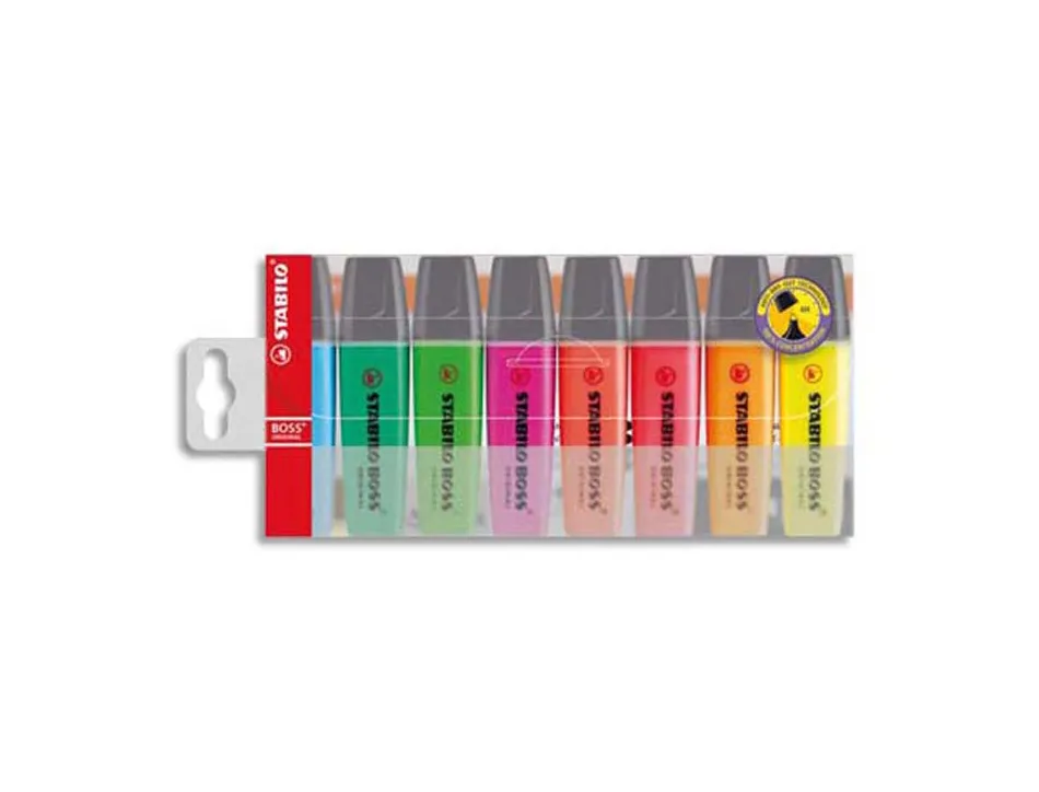 Surligneur stabilo boss tracé 2/5mm pointe biseautée encre universelle base eau résistante lumière pochette 8 unités