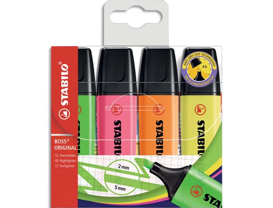 Surligneur stabilo boss tracé 2/5mm pointe biseautée encre universelle base eau résistante lumière pochette 8 unités