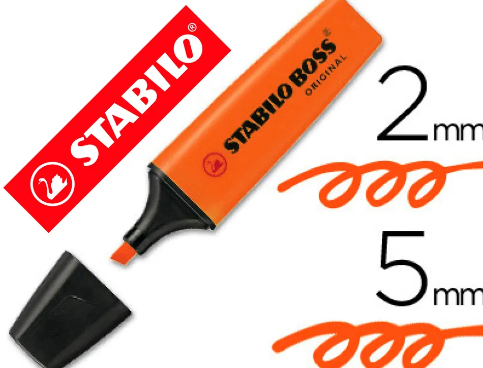 Surligneur stabilo boss tracé 2/5mm pointe biseautée encre universelle base eau résistante lumière coloris orange
