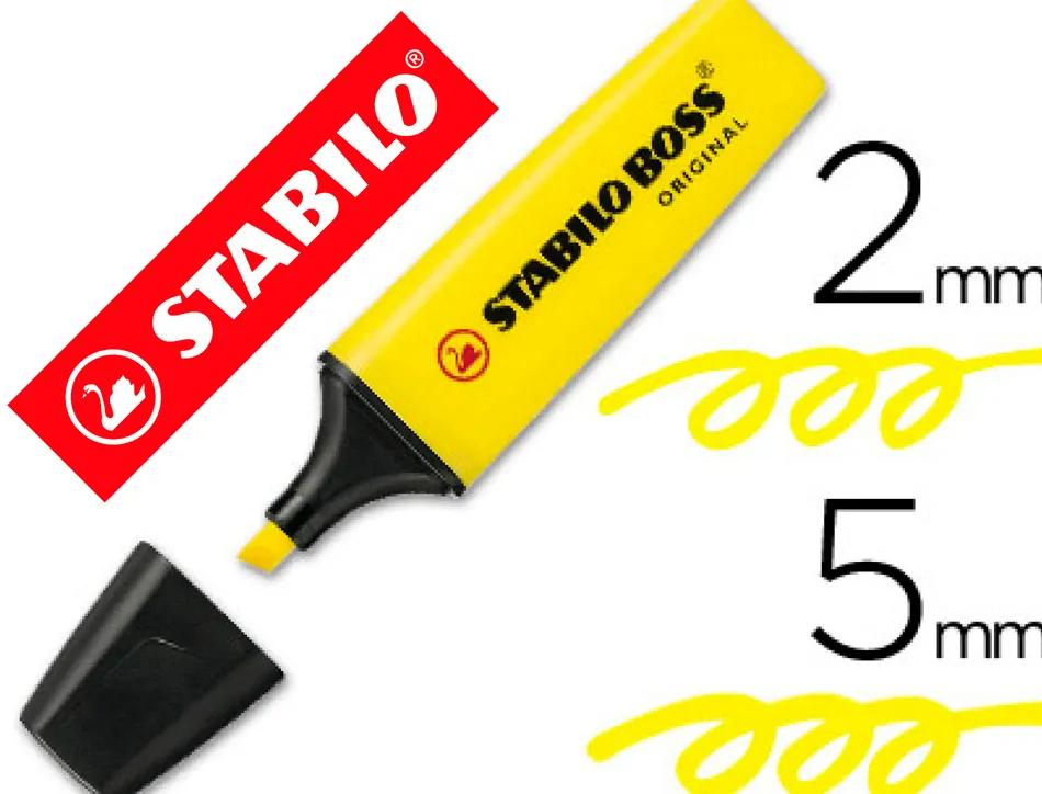 Surligneur stabilo boss tracé 2/5mm pointe biseautée encre universelle base eau résistante lumière coloris jaune