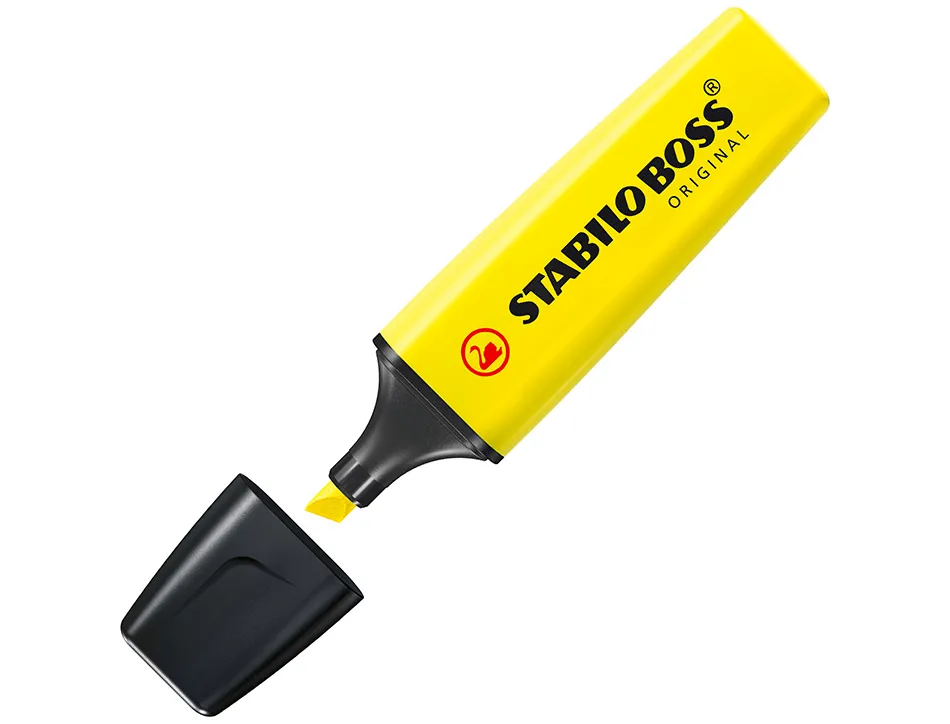 Surligneur stabilo boss tracé 2/5mm pointe biseautée encre universelle base eau résistante lumière coloris jaune