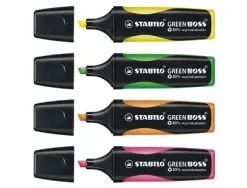 Surligneur stabilo green boss écologique pointe biseautée encre base eau résistante lumière pochette 4 unités
