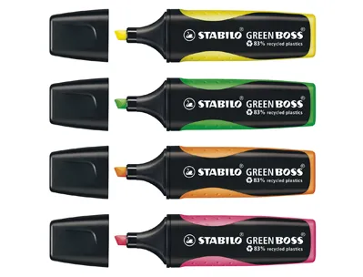 Surligneur stabilo green boss écologique pointe biseautée encre base eau résistante lumière pochette 4 unités