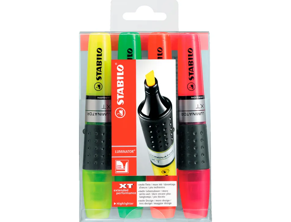 Surligneur stabilo luminator tracé 2/5mm encre liquide niveau visible base ergonomique pochette 4 unités