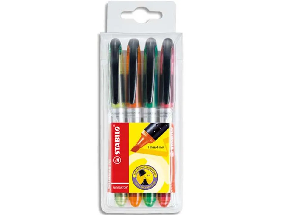 Surligneur stabilo navigator modèle poche clip résistance intense lumière couleurs assorties pochette 4 unités