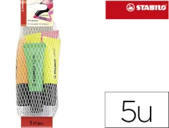 Surligneur stabilo néon pointe biseautée tracé 2/5mm forme tube coloris 2 jaune 1 vert 1 orange 1 rose filet 5 unités