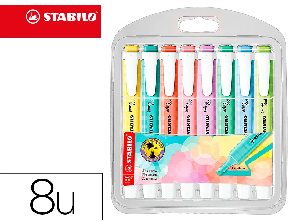 Surligneur stabilo swing cool pastel edition format stylo pointe biseautee trace 1/4mm pochette 8 unites