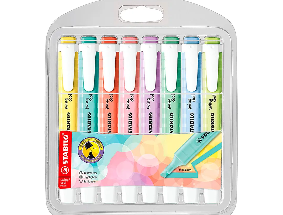 Surligneur stabilo swing cool pastel edition format stylo pointe biseautee trace 1/4mm pochette 8 unites