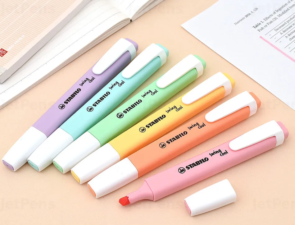Surligneur stabilo swing cool pastel modèle de poche avec agrafe tracé 1/4mm pochette 6 coloris assortis