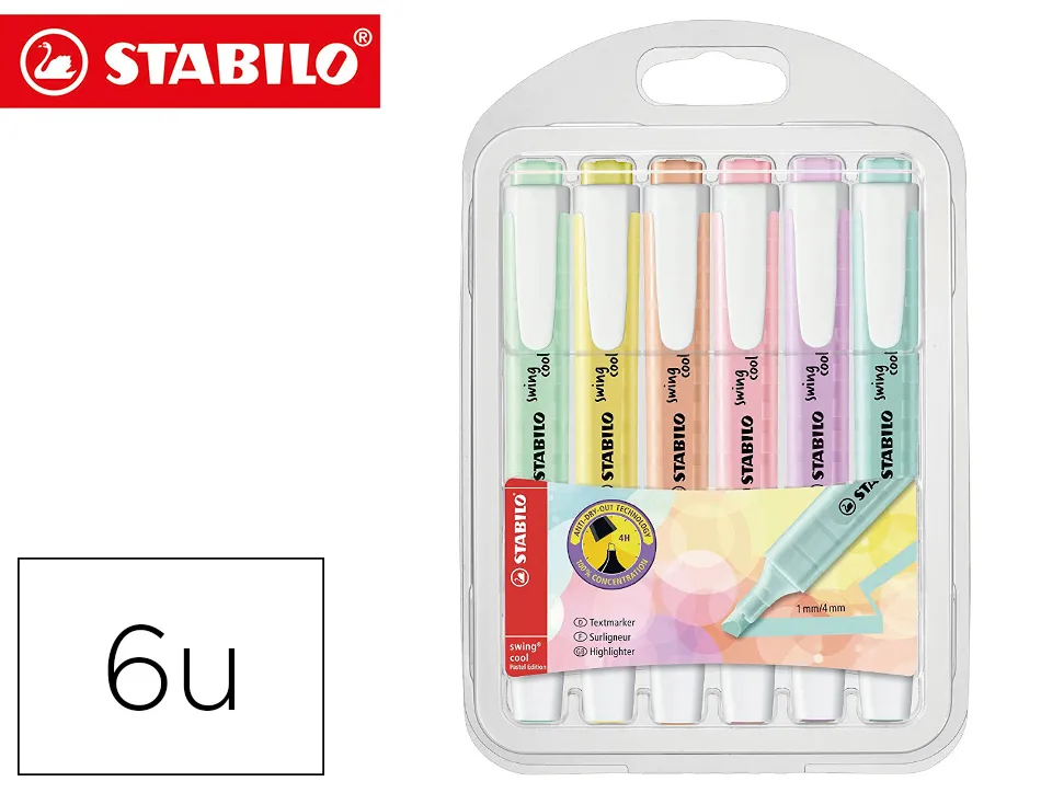 Surligneur stabilo swing cool pastel modèle de poche avec agrafe tracé 1/4mm pochette 6 coloris assortis