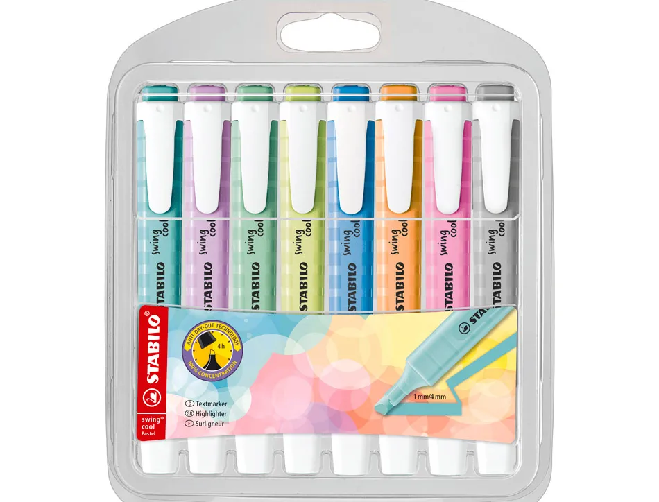 Surligneur stabilo swing cool pastel pointe biseautee trace 1/4mm coloris assortis etui carton 8 unites