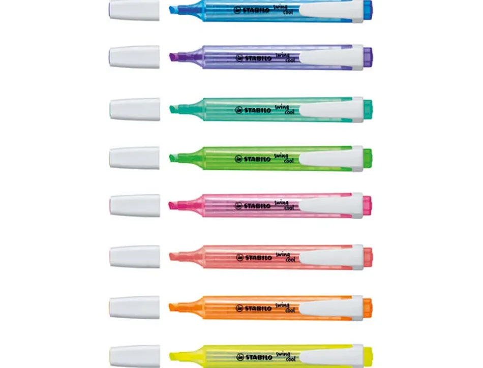 Surligneur stabilo swing cool modèle de poche avec agrafe tracé 1/3mm encre liquide pigmentée visible pochette 8 unités